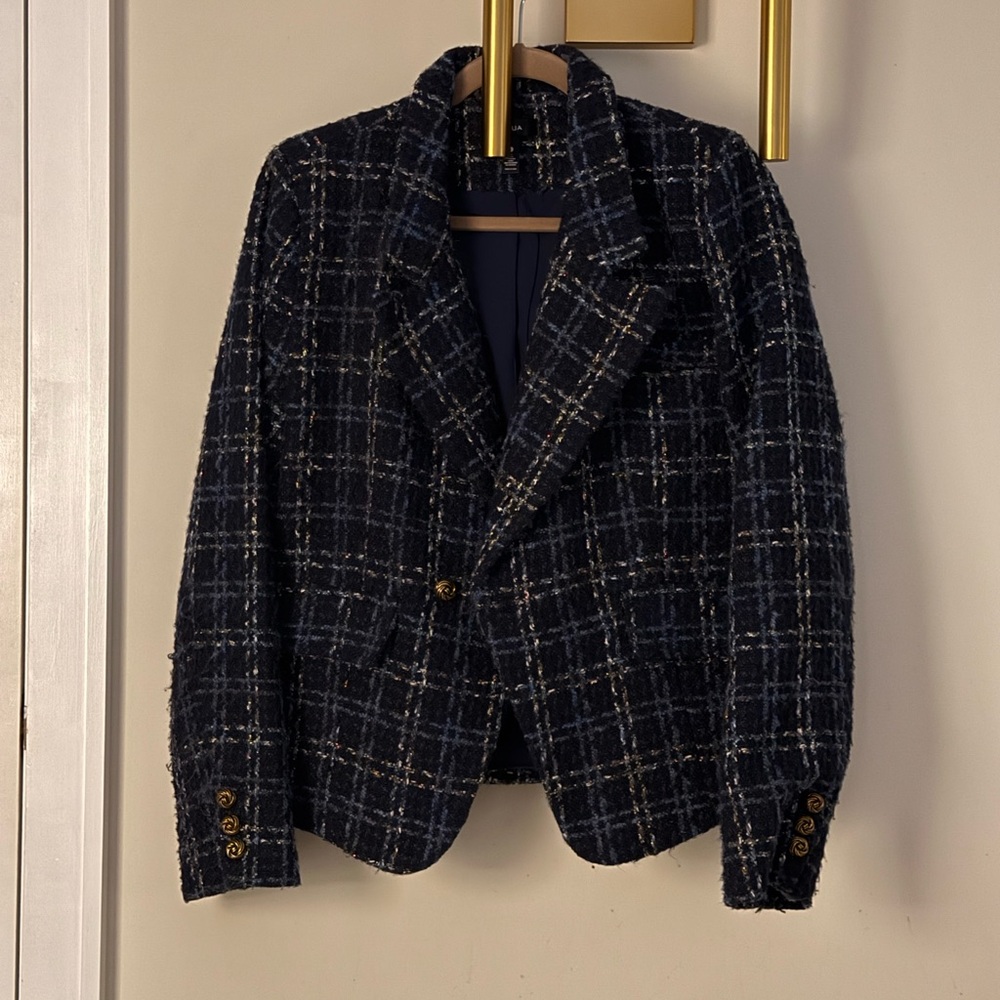 AQUA 
Blue tweed blazer with gold details